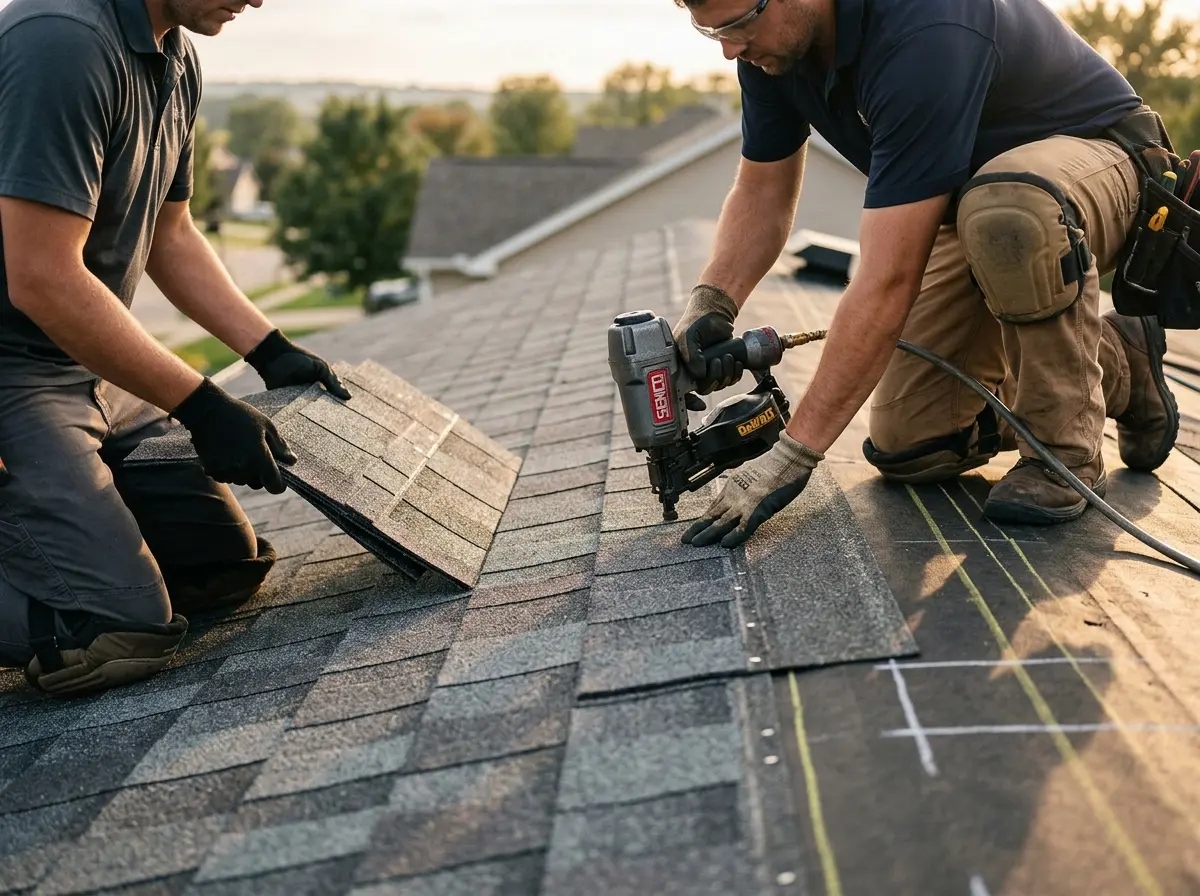 Professional roofer working on a residential roof in East Hampton